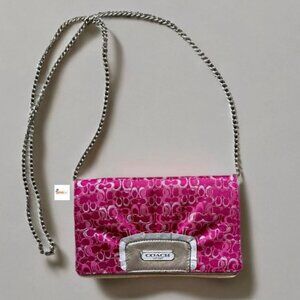 Coach Pink Silver Jacquard Signature Optic Clutch Crossbody Evening Bag
